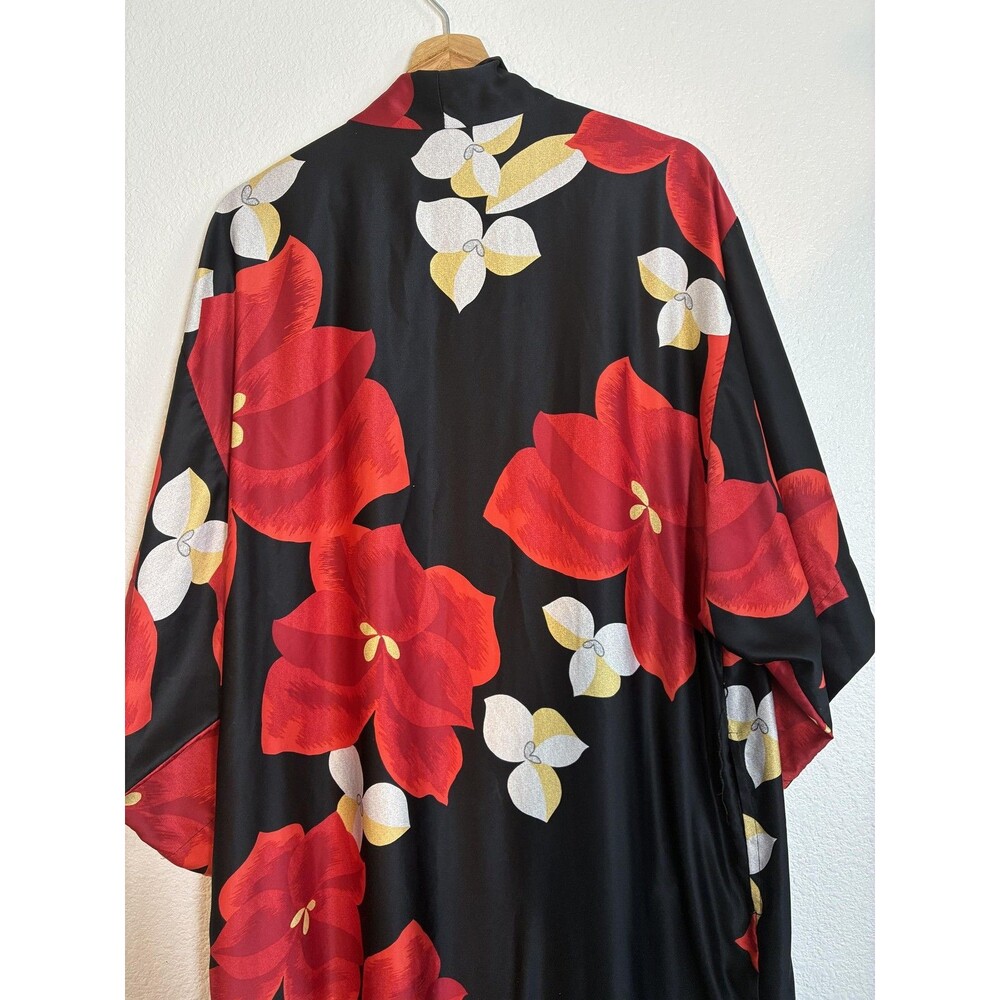 Natori Ginza Long Kimono Robe Womens One Size Black Satin Red Floral Lounge - Picture 11 of 15